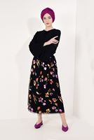 Vêtements hijab NOIR T 7315-1 Çiçek Desenli Jakarlı Etek-Zamane