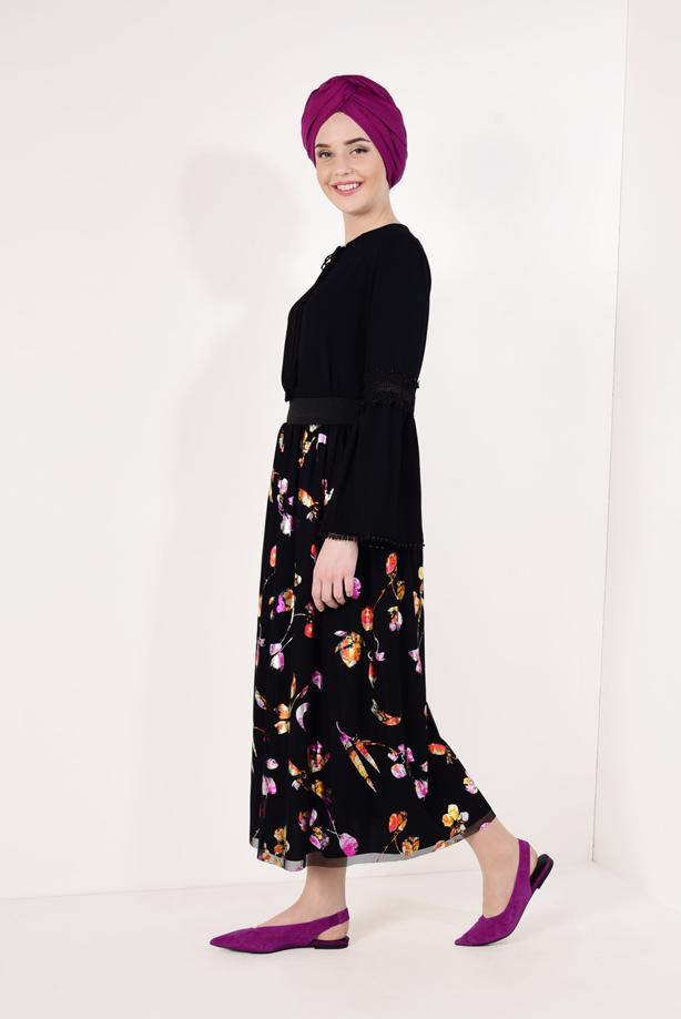 Vêtements hijab  T 7315-1 Çiçek Desenli Jakarlı Etek-Zamane - TRENDTESETTÜR