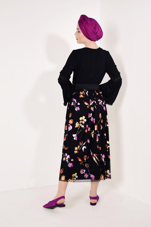 Vêtements hijab  T 7315-1 Çiçek Desenli Jakarlı Etek-Zamane - TRENDTESETTÜR