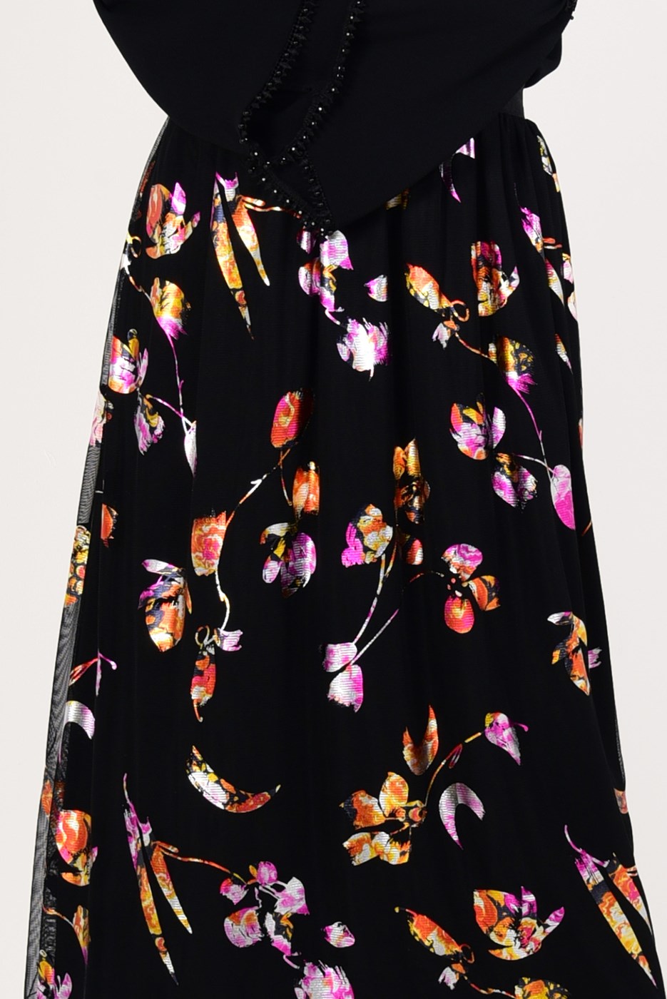 Vêtements hijab NOIR T 7315-1 Çiçek Desenli Jakarlı Etek-Zamane