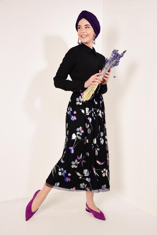 Vêtements hijab  T 7315-1 Çiçek Desenli Jakarlı Etek-Zamane - TRENDTESETTÜR