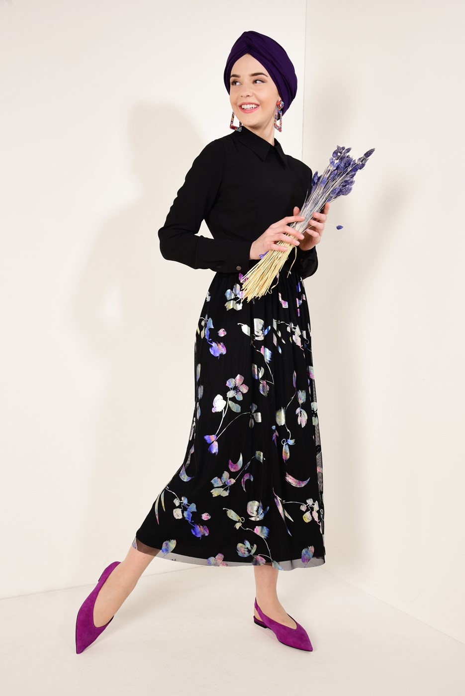 Vêtements hijab NOIR T 7315-1 Çiçek Desenli Jakarlı Etek-Zamane