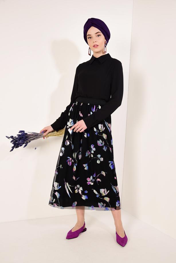 Vêtements hijab  T 7315-1 Çiçek Desenli Jakarlı Etek-Zamane - TRENDTESETTÜR