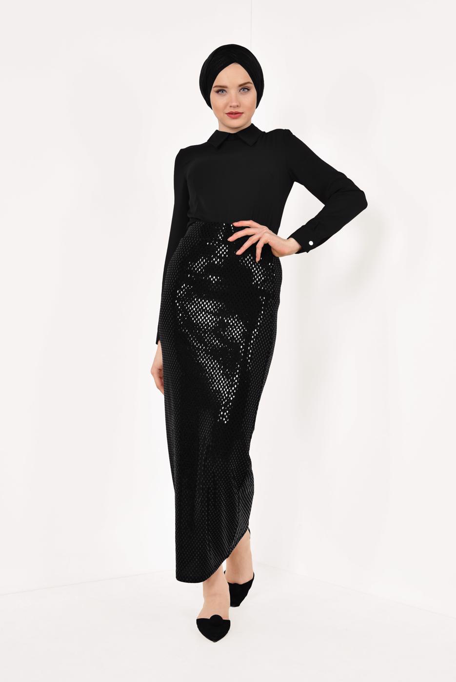 Tesettür giyim SİYAH PUL PAYETLİ UZUN ETEK 91471