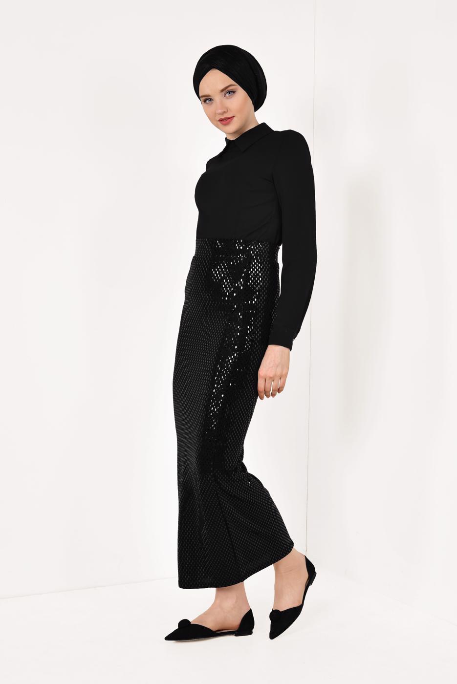Tesettür giyim SİYAH PUL PAYETLİ UZUN ETEK 91471
