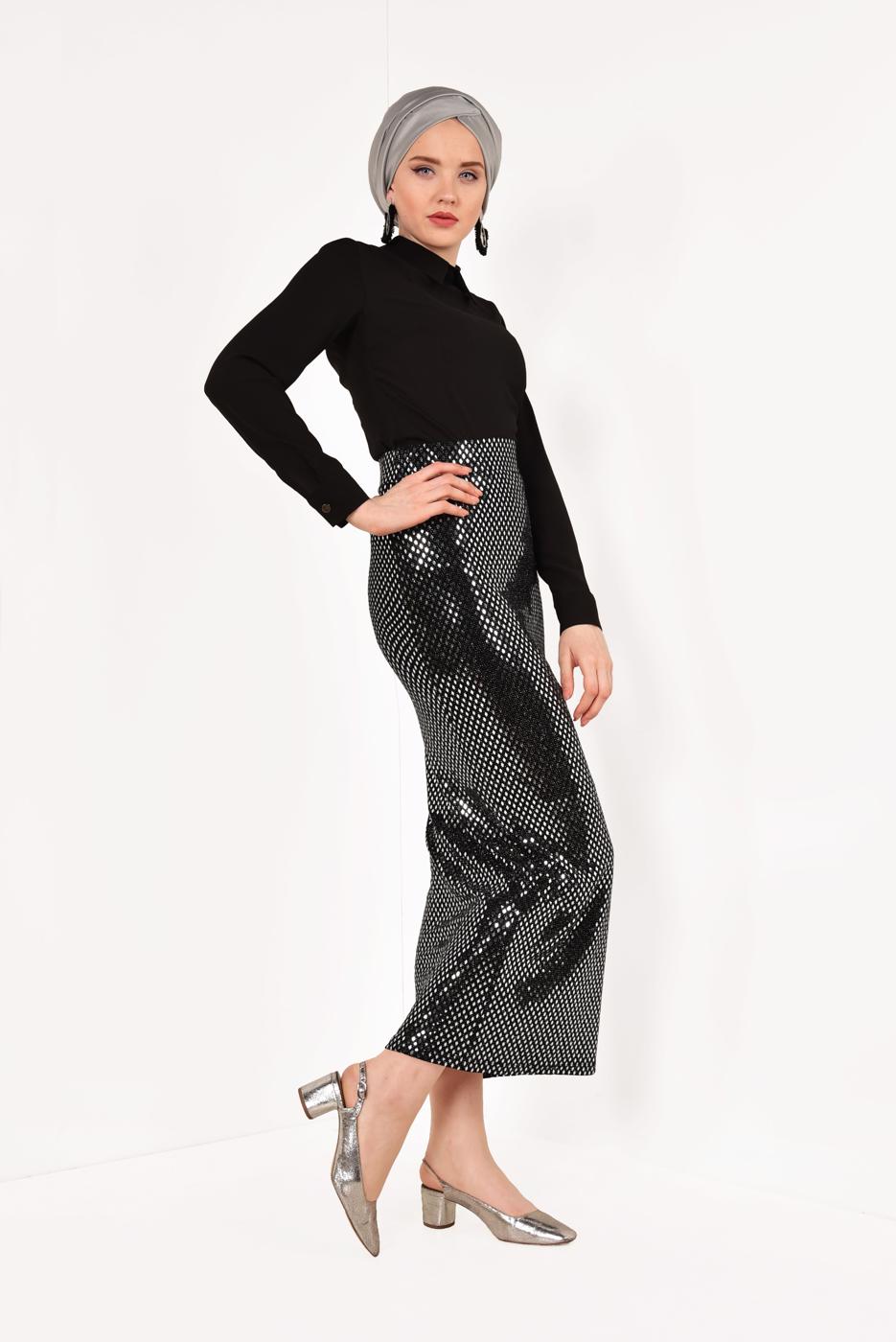 Tesettür giyim GÜMÜŞ PUL PAYETLİ UZUN ETEK 91471