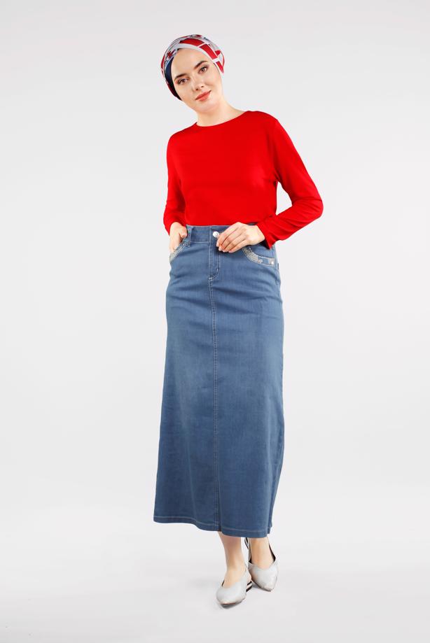 Tesettür giyim MAVİ PAMUKLU DENİM ETEK 0012 - TRENDTESETTÜR