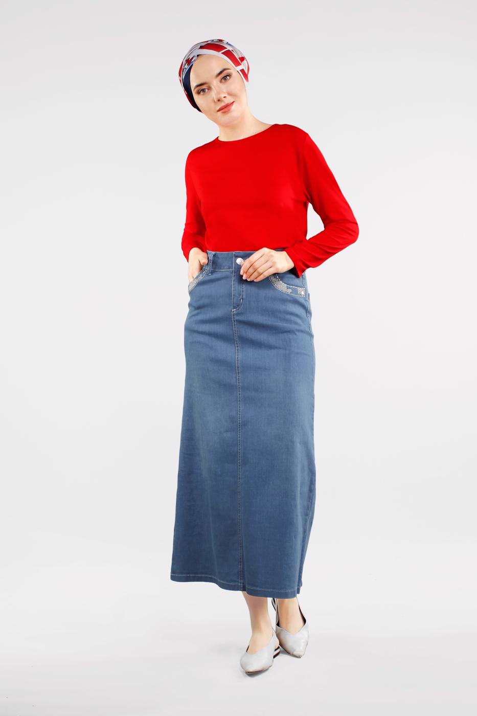 Tesettür giyim MAVİ PAMUKLU DENİM ETEK 0012