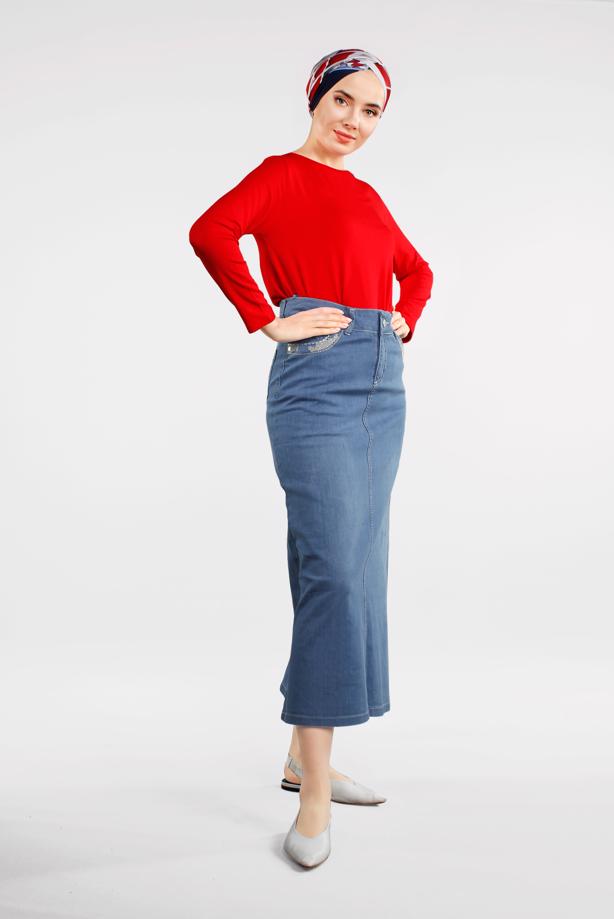 Tesettür giyim MAVİ PAMUKLU DENİM ETEK 0012 - TRENDTESETTÜR