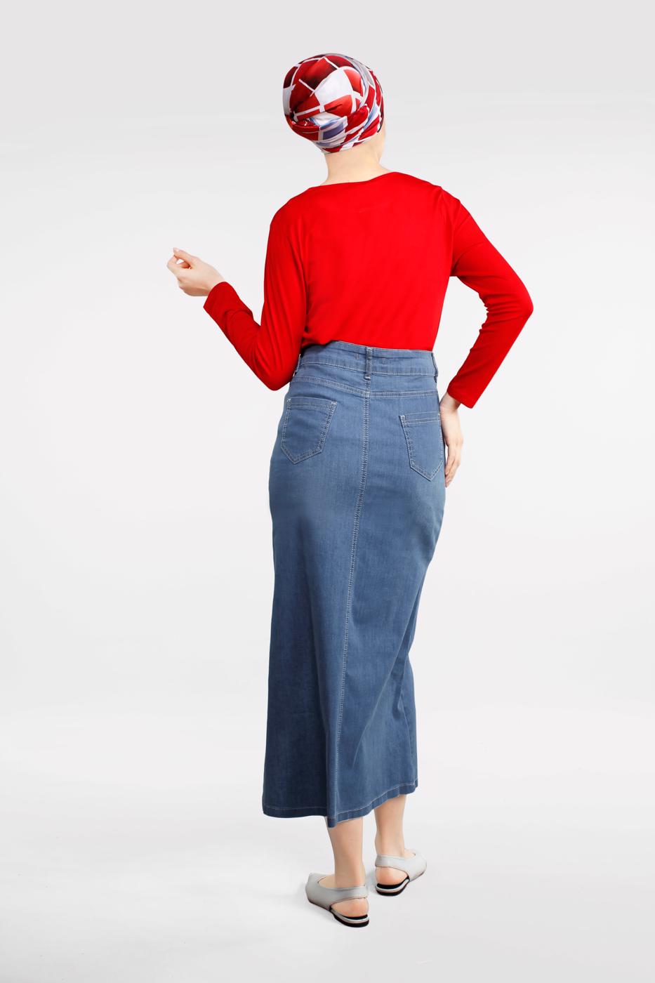 Tesettür giyim MAVİ PAMUKLU DENİM ETEK 0012