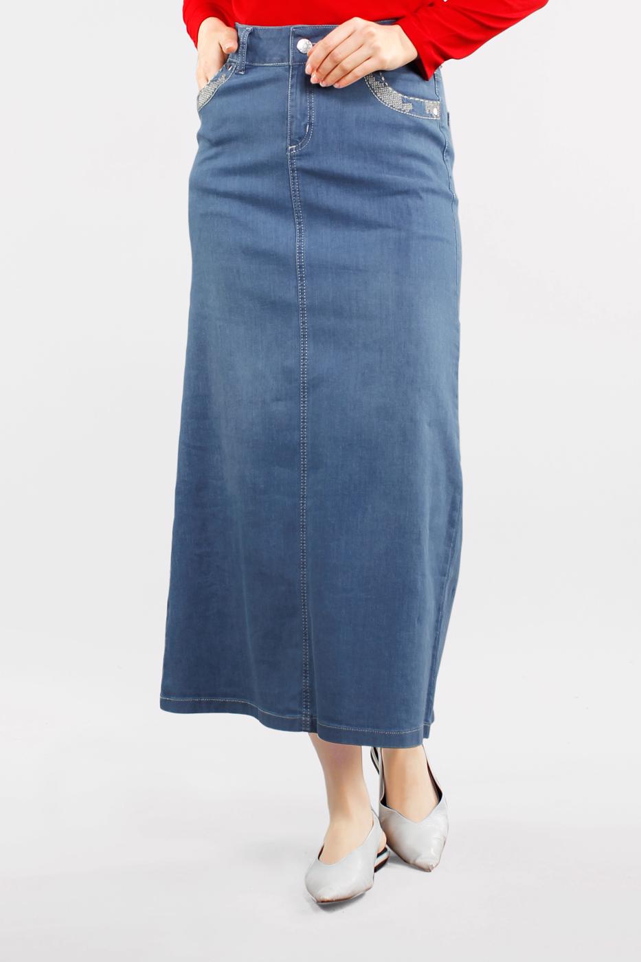 Tesettür giyim MAVİ PAMUKLU DENİM ETEK 0012