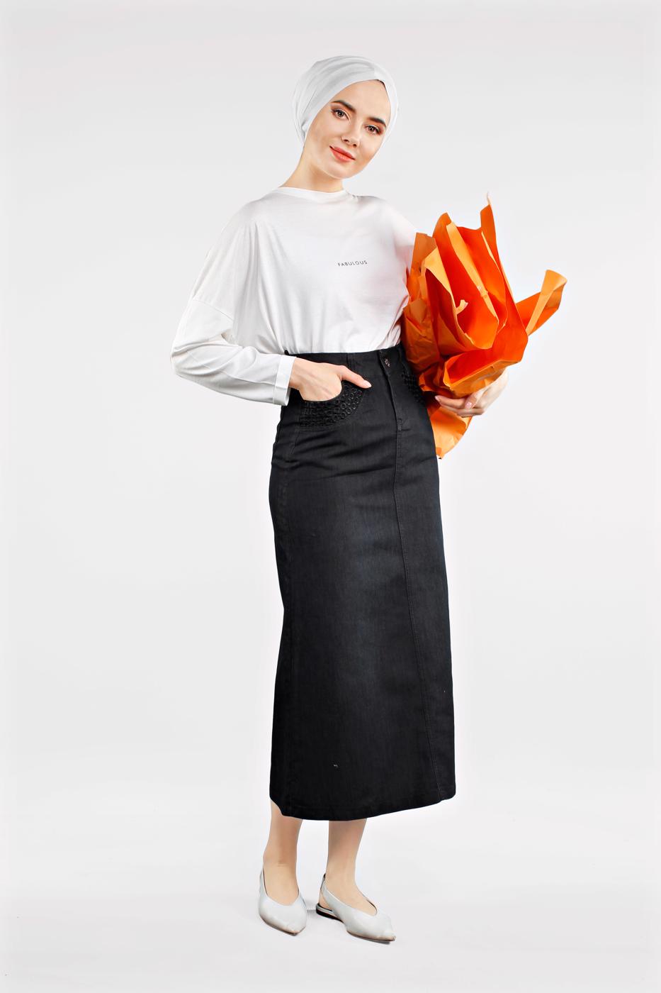Tesettür giyim SİYAH YÜKSEK BEL DENİM ETEK 0122