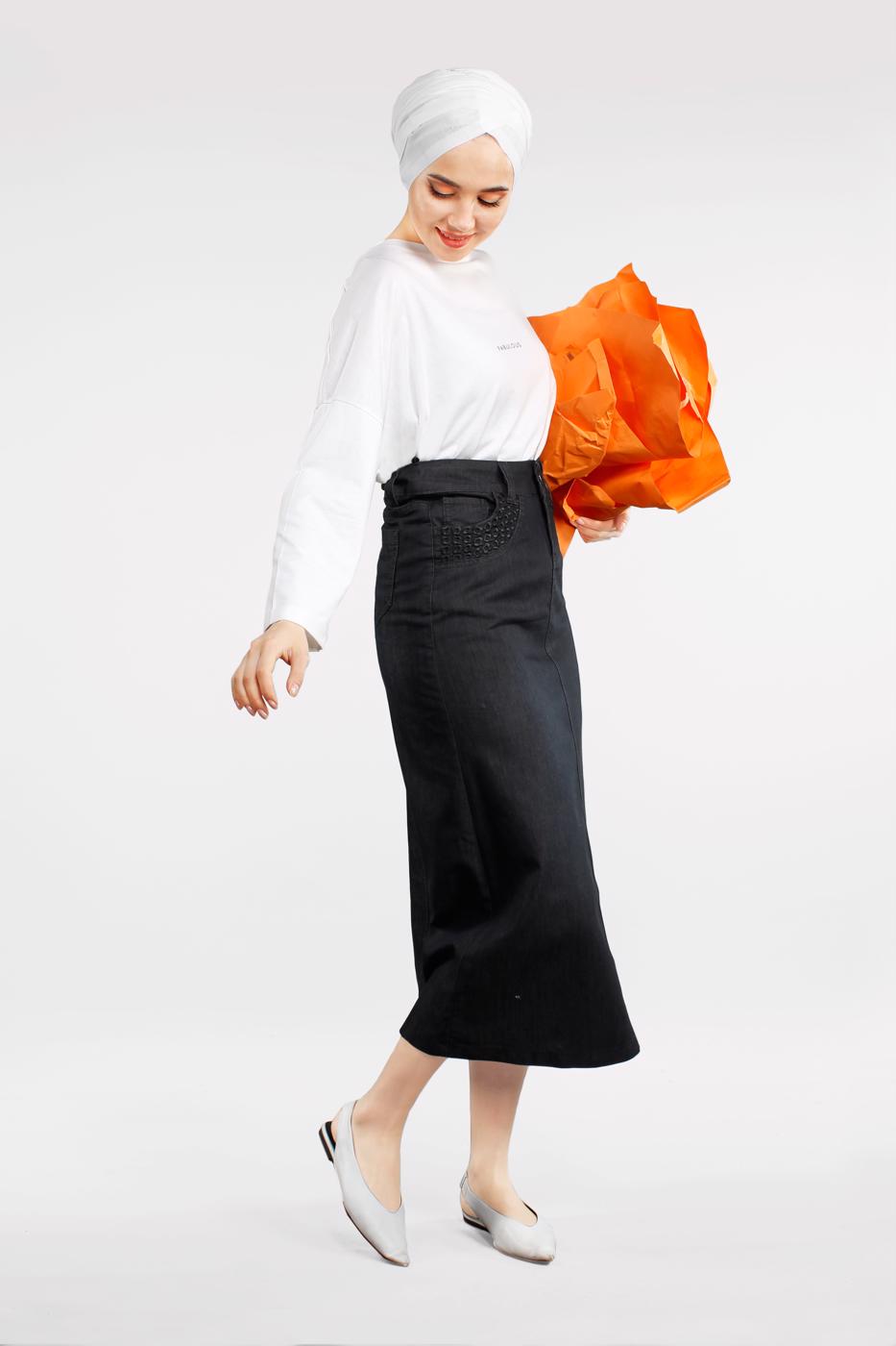 Tesettür giyim SİYAH YÜKSEK BEL DENİM ETEK 0122