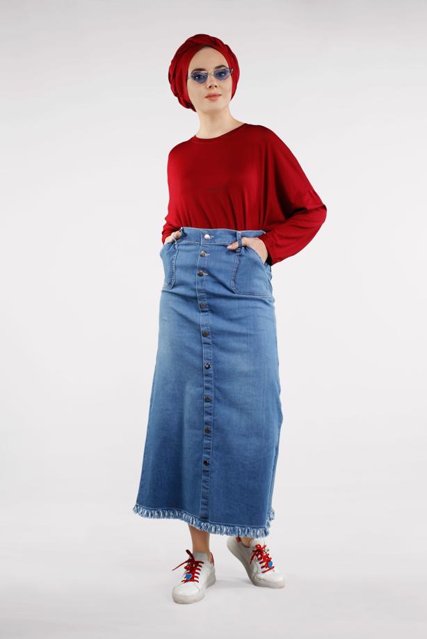 Hijab clothing BLUE Tasseled Hemline Buttoned Denim Skirt T 0132  - TRENDTESETTÜR