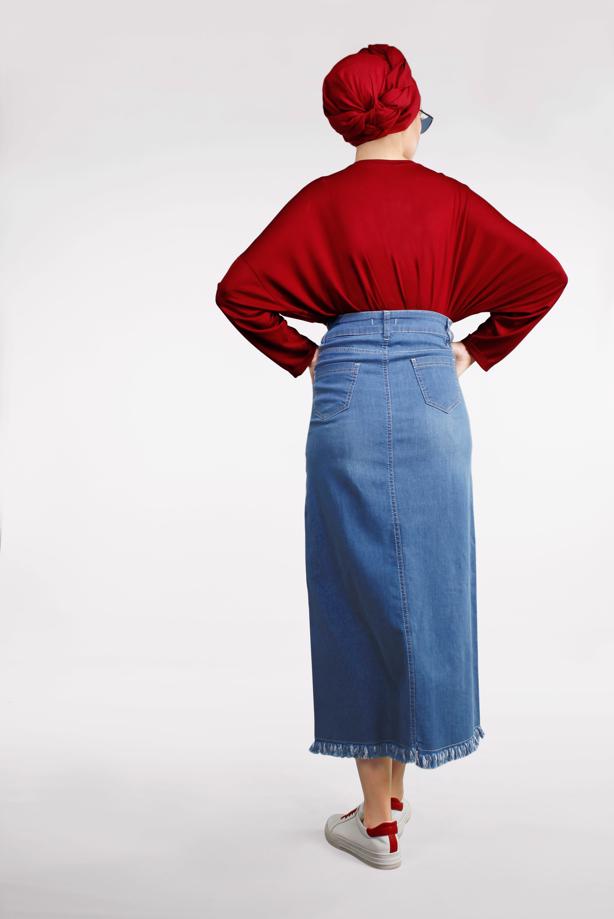 Hijab clothing BLUE Tasseled Hemline Buttoned Denim Skirt T 0132  - TRENDTESETTÜR