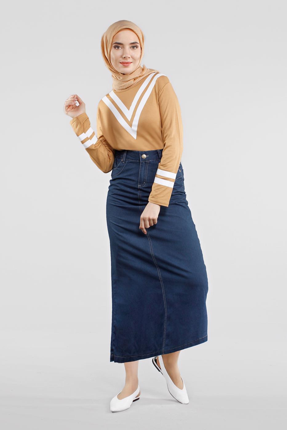 Tesettür giyim LACİVERT PAMUKLU DENİM ETEK 4212