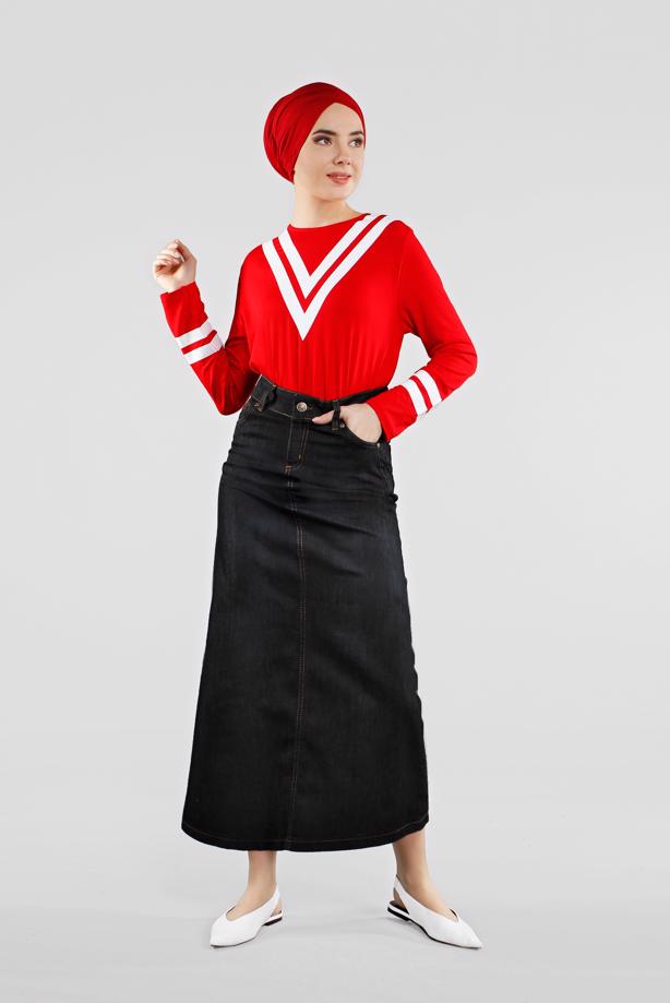 Tesettür giyim SİYAH CEPLİ DENİM ETEK 4812 - TRENDTESETTÜR