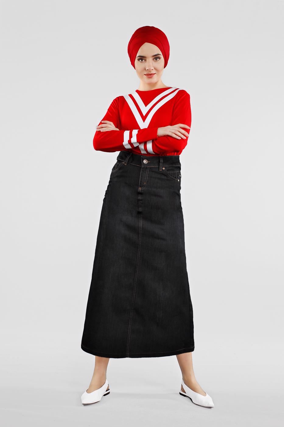 Tesettür giyim SİYAH CEPLİ DENİM ETEK 4812