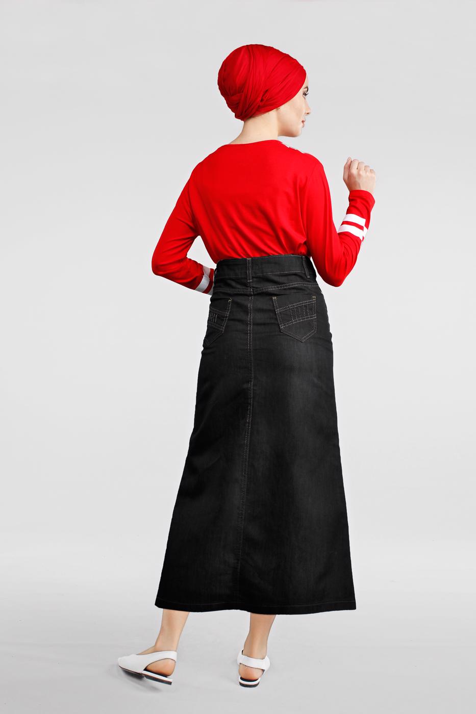 Tesettür giyim SİYAH CEPLİ DENİM ETEK 4812