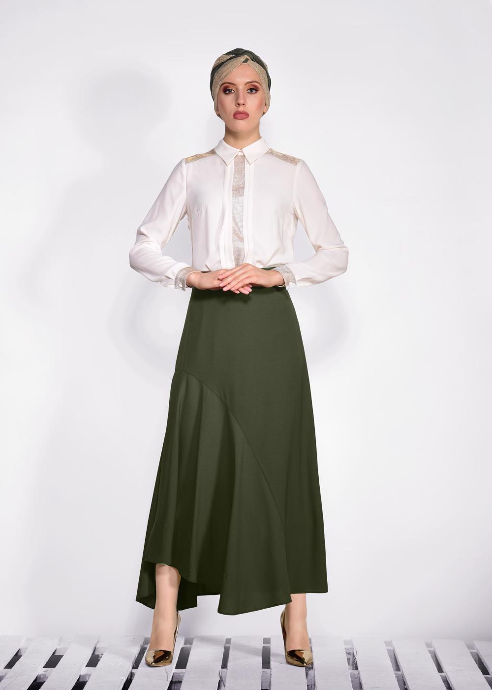 Tesettür giyim HAKİ ASİMETRİK KESİM ETEK 6189 