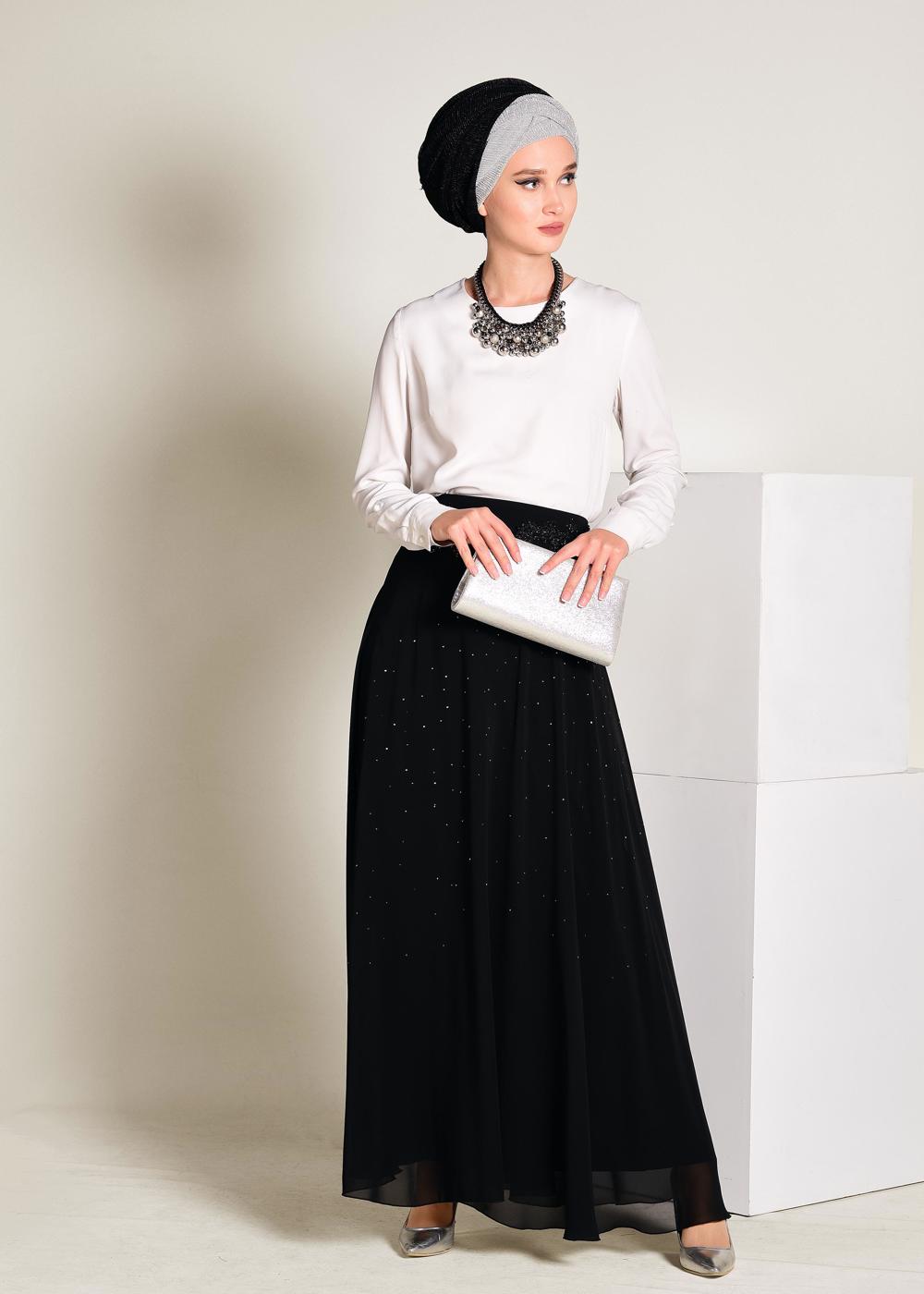 Tesettür giyim SİYAH İŞLEMELİ ŞİFON ETEK 6195