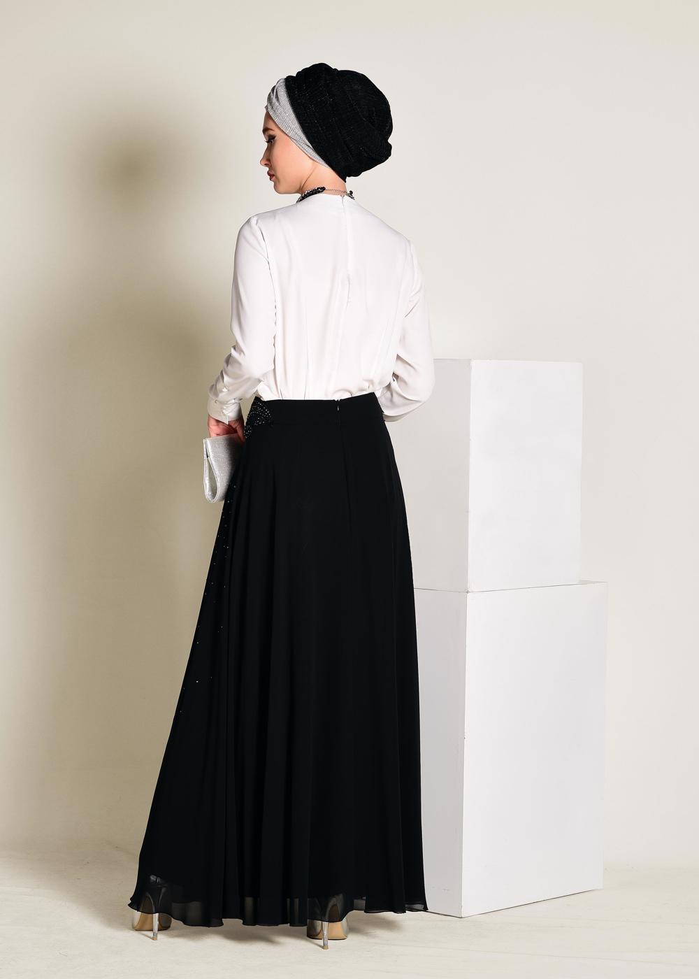 Tesettür giyim SİYAH İŞLEMELİ ŞİFON ETEK 6195