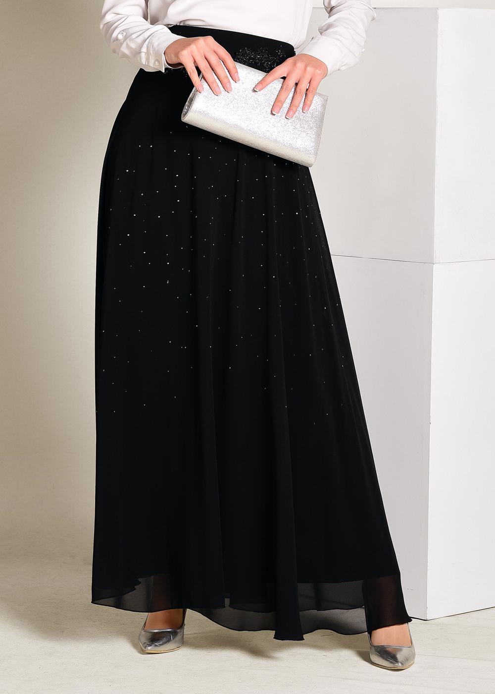 Tesettür giyim SİYAH İŞLEMELİ ŞİFON ETEK 6195