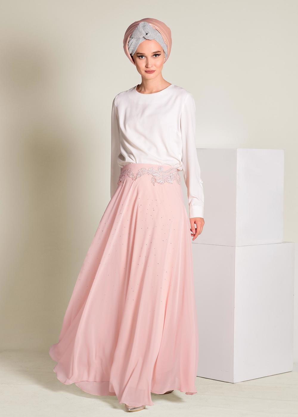 Tesettür giyim PUDRA İŞLEMELİ ŞİFON ETEK 6195
