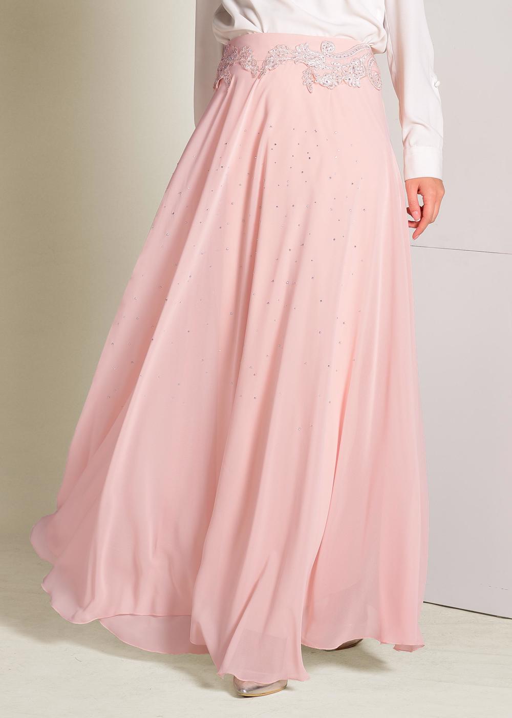 Tesettür giyim PUDRA İŞLEMELİ ŞİFON ETEK 6195