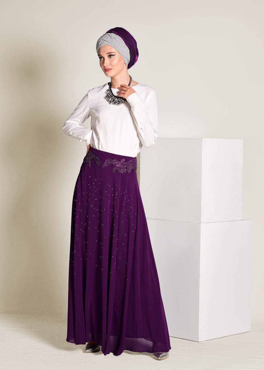 Tesettür giyim MOR İŞLEMELİ ŞİFON ETEK 6195
