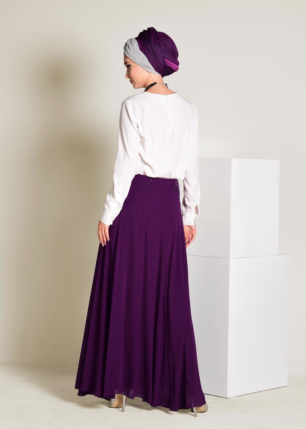 Tesettür giyim MOR İŞLEMELİ ŞİFON ETEK 6195