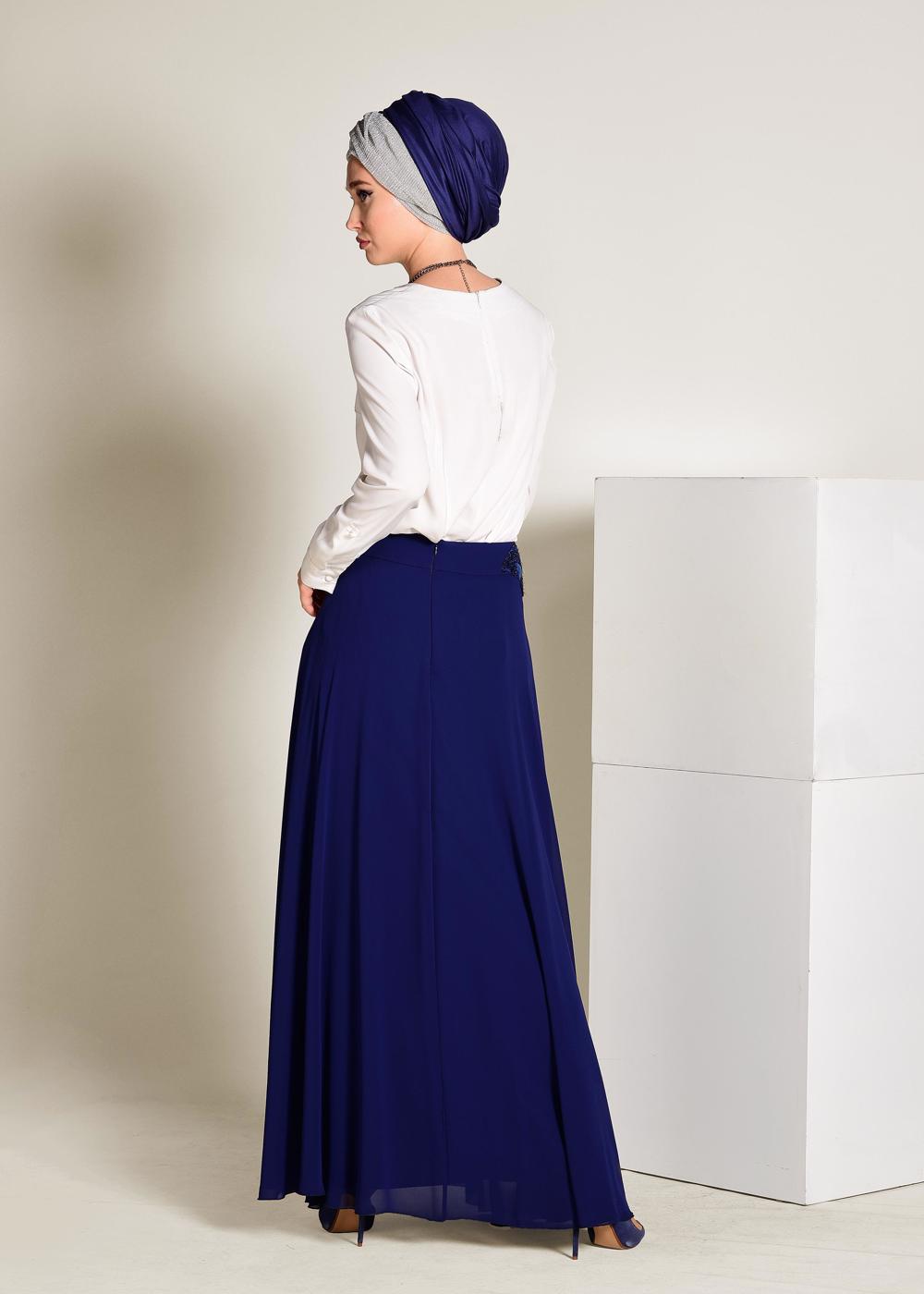 Tesettür giyim LACİVERT İŞLEMELİ ŞİFON ETEK 6195