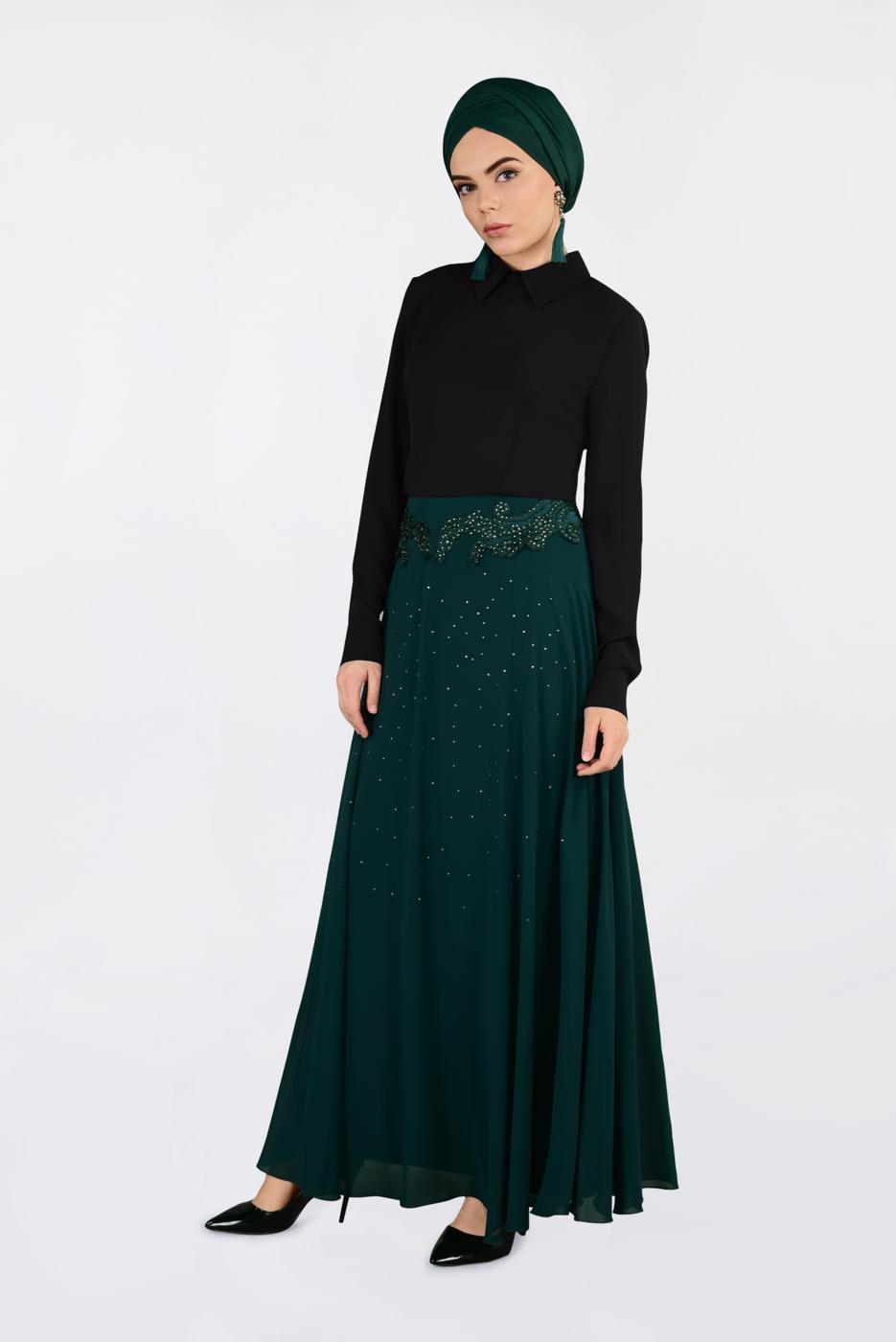 Tesettür giyim YEŞİL İŞLEMELİ ŞİFON ETEK 6195