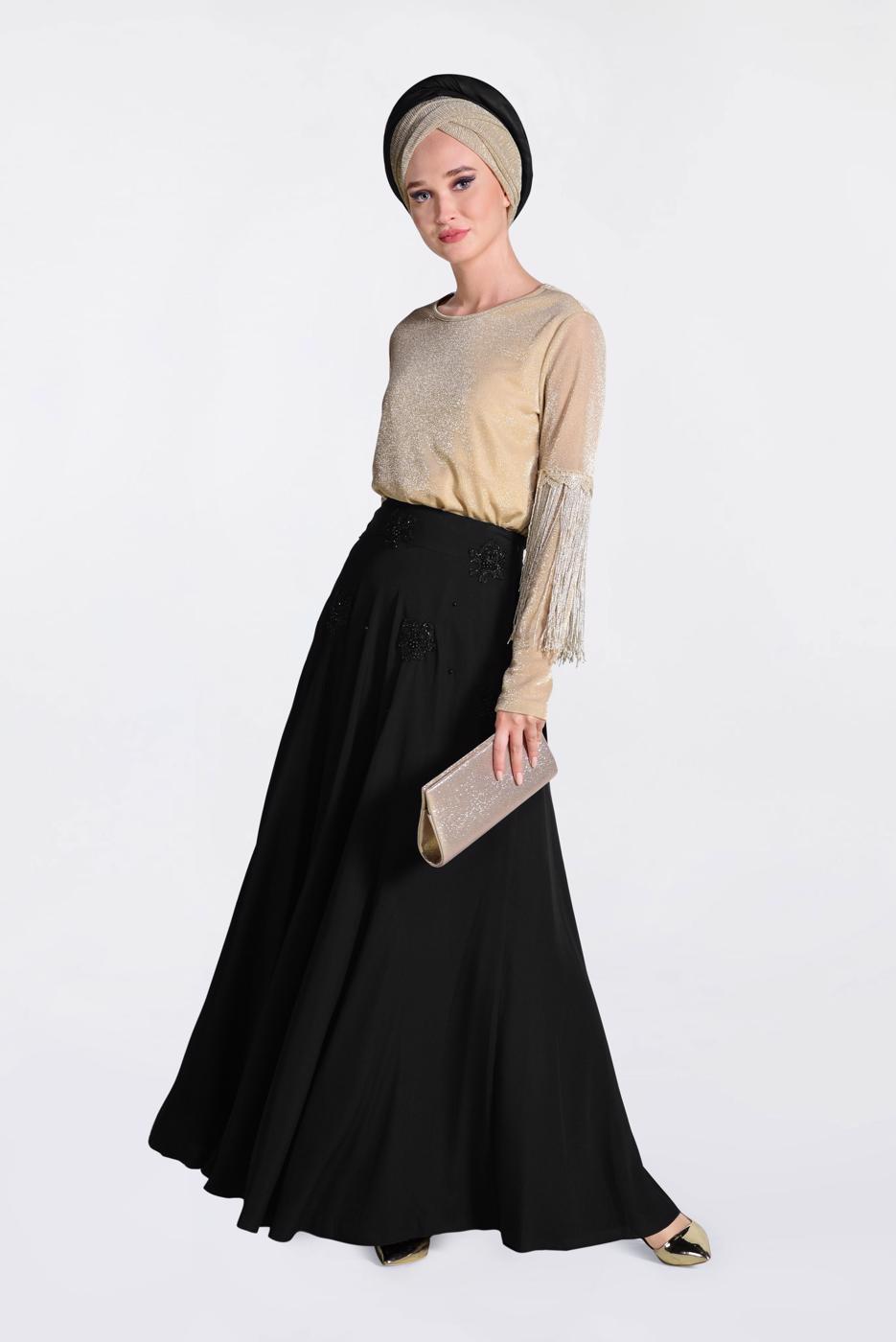 Tesettür giyim SİYAH ÇİÇEK DETAYLI ETEK 6196