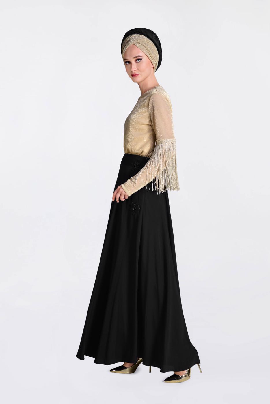 Tesettür giyim SİYAH ÇİÇEK DETAYLI ETEK 6196