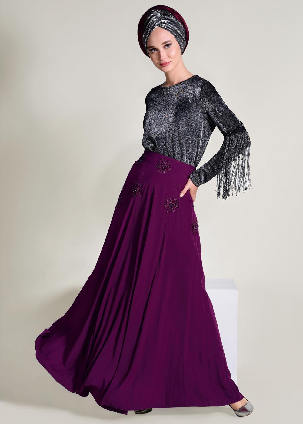 Tesettür giyim MÜRDÜM ÇİÇEK DETAYLI ETEK 6196