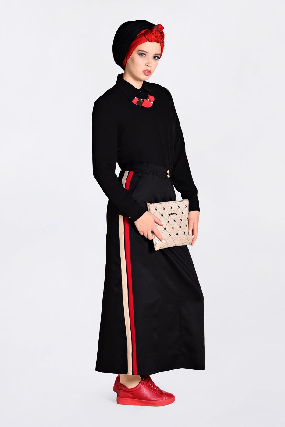 Tesettür giyim SİYAH YANLARI ŞERİTLİ ETEK 6200