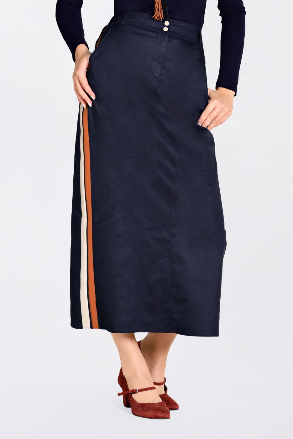 Tesettür giyim LACİVERT YANLARI ŞERİTLİ ETEK 6200