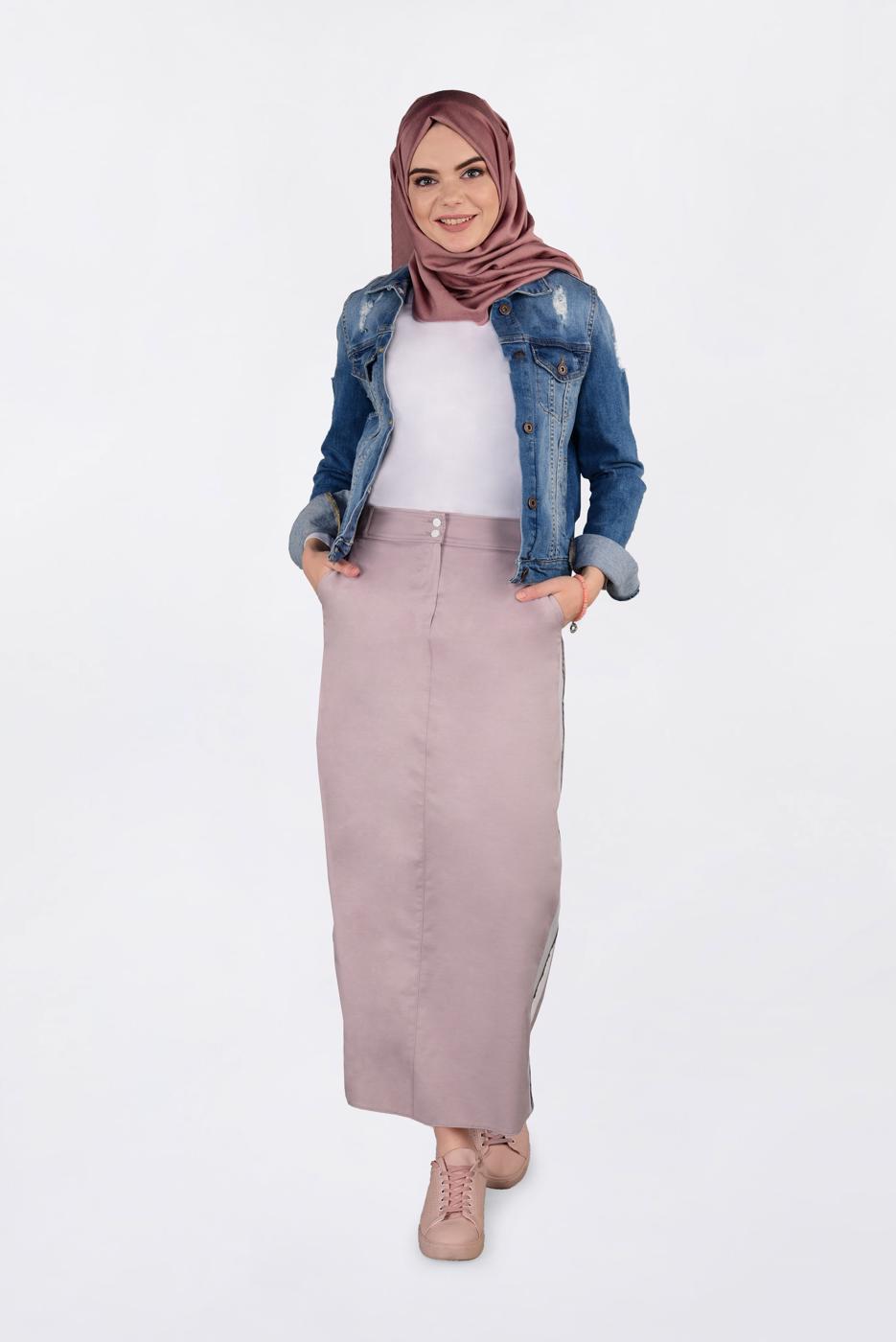 Tesettür giyim PUDRA YANLARI ŞERİTLİ ETEK 6200