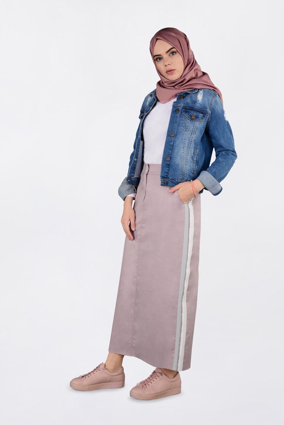 Tesettür giyim PUDRA YANLARI ŞERİTLİ ETEK 6200