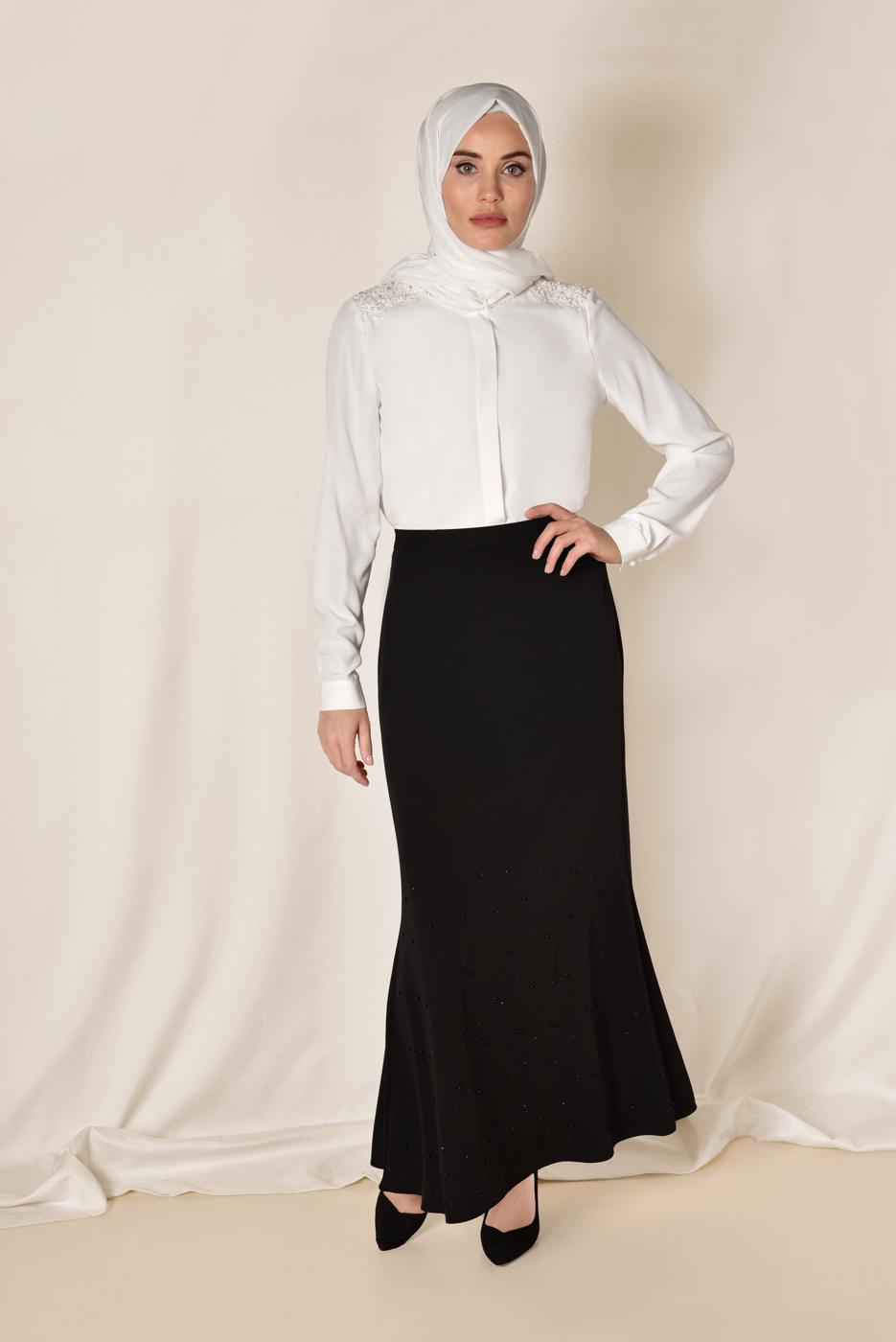 Tesettür giyim SİYAH İNCİ DETAYLI YÜKSEK BEL ETEK 6203