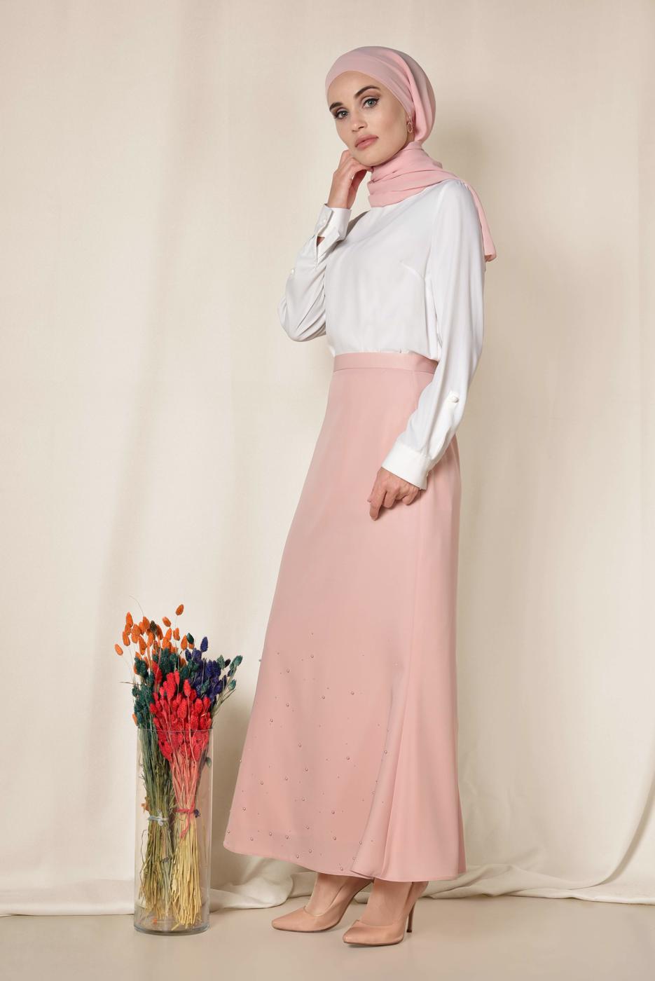 Tesettür giyim PUDRA İNCİ DETAYLI YÜKSEK BEL ETEK 6203