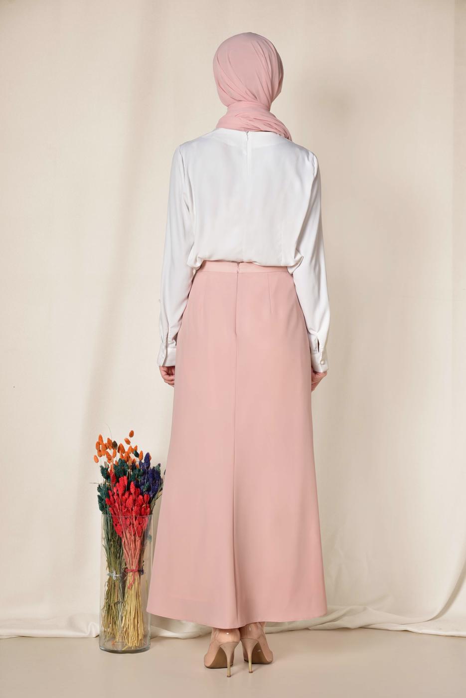 Tesettür giyim PUDRA İNCİ DETAYLI YÜKSEK BEL ETEK 6203