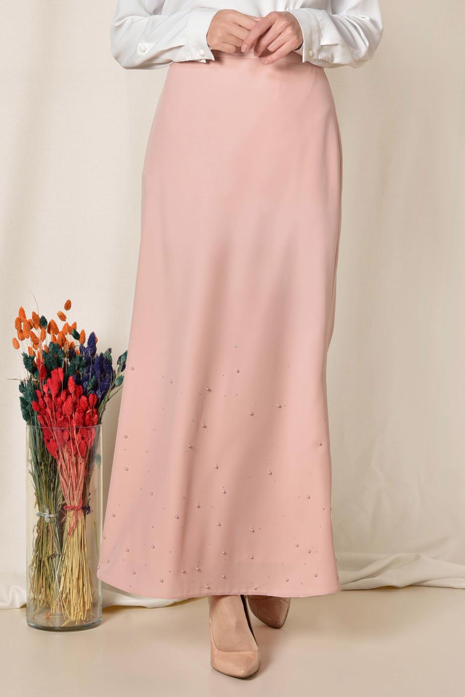 Tesettür giyim PUDRA İNCİ DETAYLI YÜKSEK BEL ETEK 6203