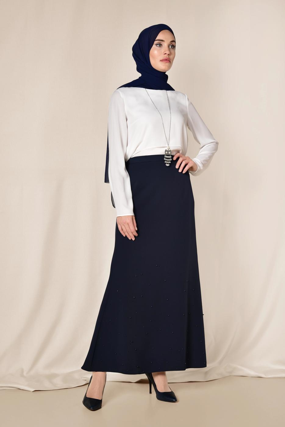 Tesettür giyim LACİVERT İNCİ DETAYLI YÜKSEK BEL ETEK 6203 