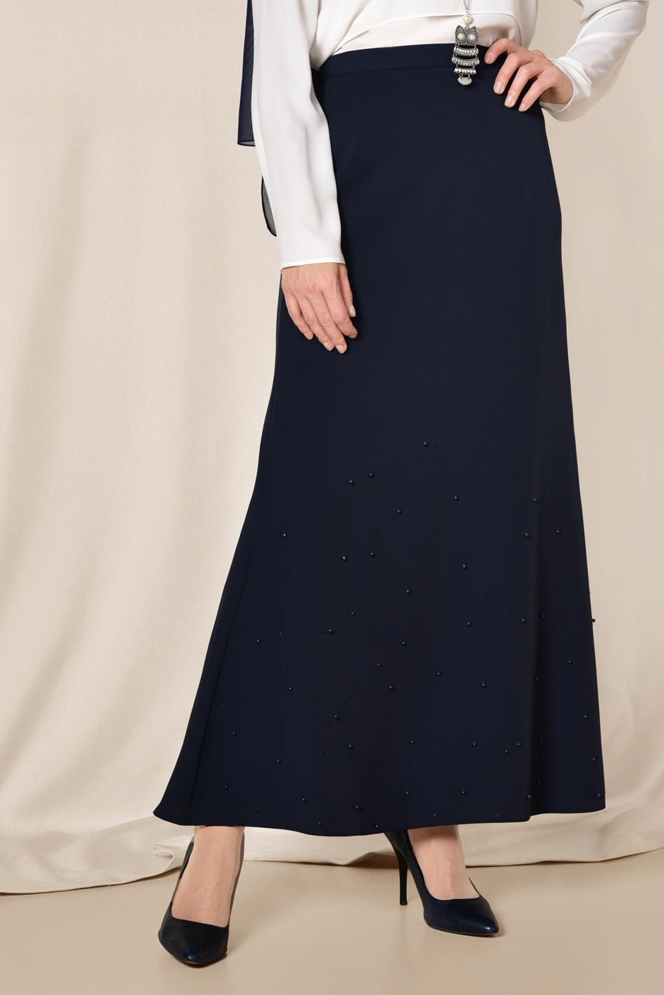 Tesettür giyim LACİVERT İNCİ DETAYLI YÜKSEK BEL ETEK 6203 