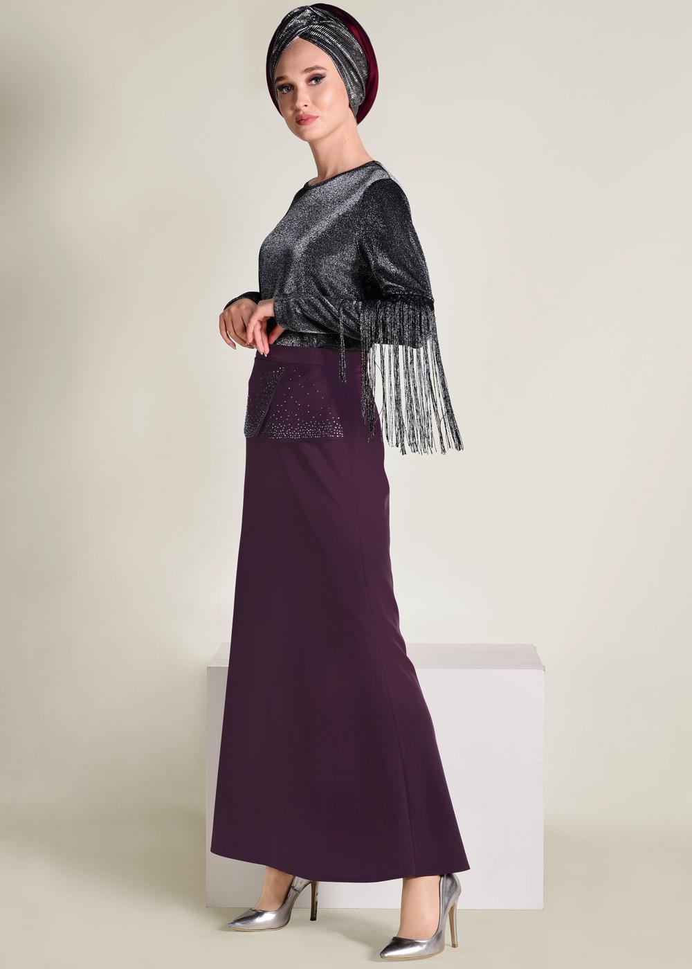 Tesettür giyim MÜRDÜM TAŞ DETAYLI BALIK ETEK 6204 