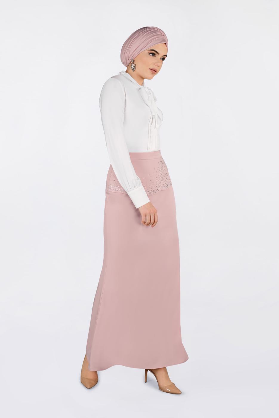 Tesettür giyim PUDRA TAŞ DETAYLI BALIK ETEK 6204 