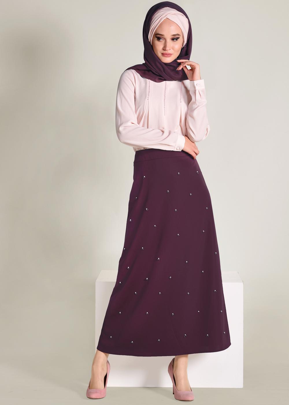 Tesettür giyim BORDO İNCİ DETAYLI A KESİM ETEK 6211