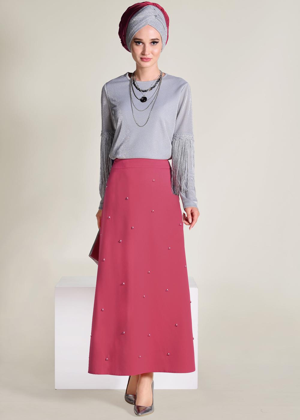 Tesettür giyim MERCAN İNCİ DETAYLI A KESİM ETEK 6211